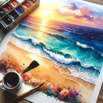 Vibrant Sunset Beach Scene Watercolor Painting with Ocean Waves and Colorful Flowers