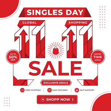 Singles Day Global Shopping Sale Banner with Red Theme and Up to 50 Percent Off