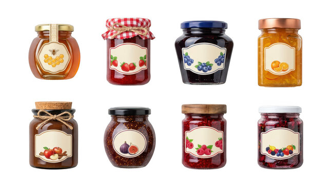 Assorted glass jars filled with preserves and honey in studio lighting Isolated on transparent background