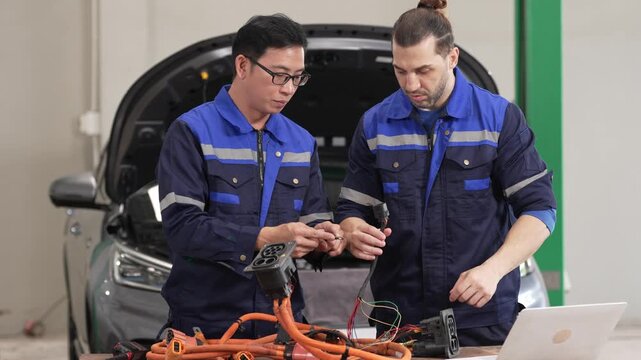 Mechanic Car Garage Repair Diagnostic Cable Laptop Workshop Electric Vehicle Battery Service Technician Auto Check Tool Open Hood