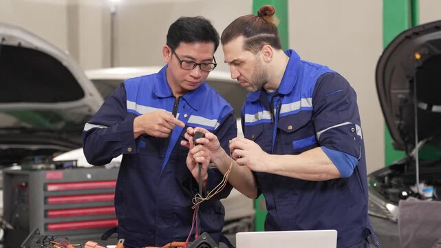 Mechanic technician in uniform at garage with vehicle diagnostic tool for wiring repair, teamwork, car service, electronic fault check