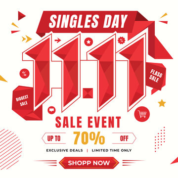 Singles Day 11.11 Sale Event Banner with Red Ribbons and 70 Percent Off