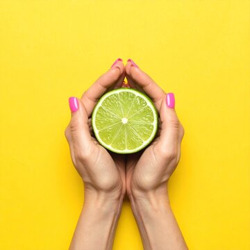 Bright Hands Holding Fresh Lime Over Bold Yellow Background