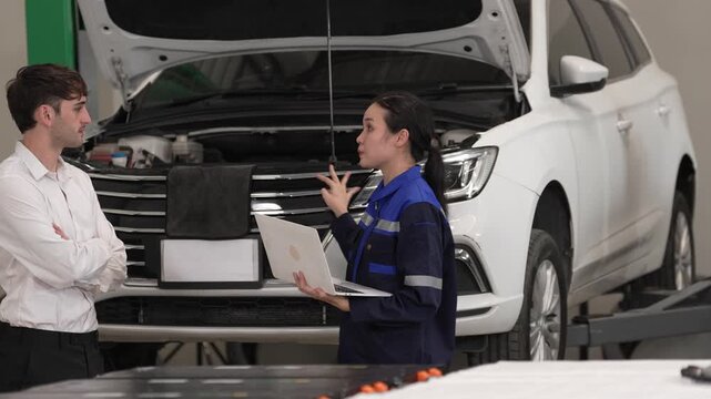 Mechanic customer discuss car repair garage inspection service with laptop near open hood vehicle for maintenance inside workshop