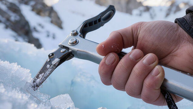 A close-up of a climber's hand gripping an ice axe while striking into a frozen blue glacier ice wall during a winter mountaineering adventure