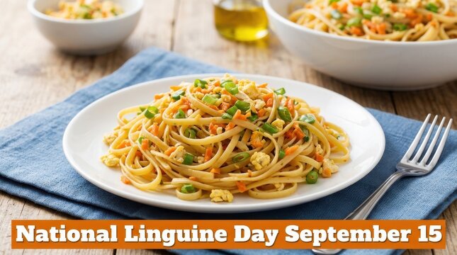 Vegetable linguine pasta on a plate. Healthy noodles with fresh herbs and garden vegetables.