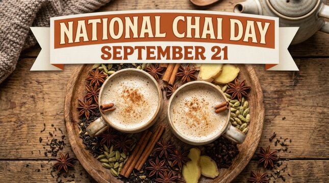 National Chai Day celebration banner. Spiced masala tea cups with aromatic herbs and spices.
