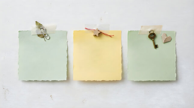 Three colorful paper notes with vintage accessories