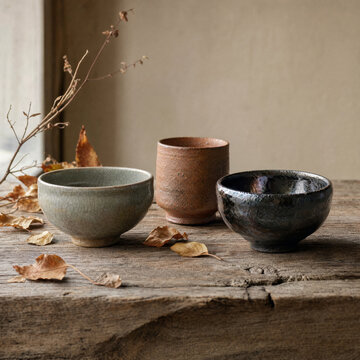 Japanese Ceramic Bowls and Dried Leaves Still Life on Rustic Wood Table