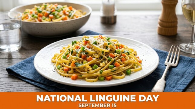Plate of vegetable linguine pasta. Delicious Italian noodles with fresh garden vegetables.