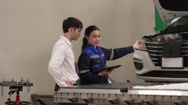 Automotive workshop mechanic customer car tablet inspection repair service discussion beside open hood garage vehicle maintenance