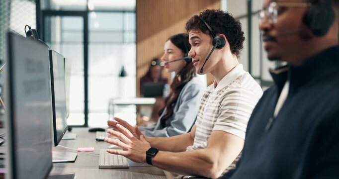 Call center, computer and man at help desk for technical support, network feedback or typing. Headset, tech and consultant talking to client for internet connection, customer service or coworking