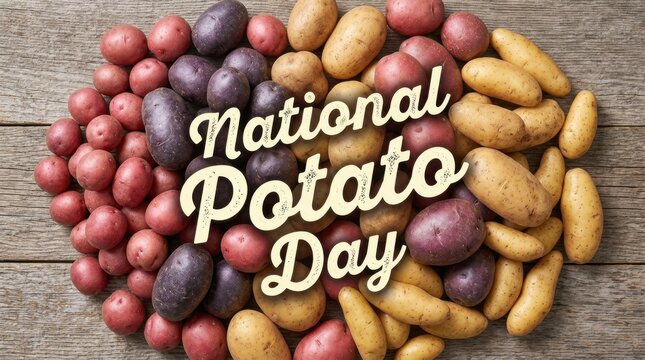 Assorted raw potatoes on wooden background. Fresh organic vegetables for National Potato Day.