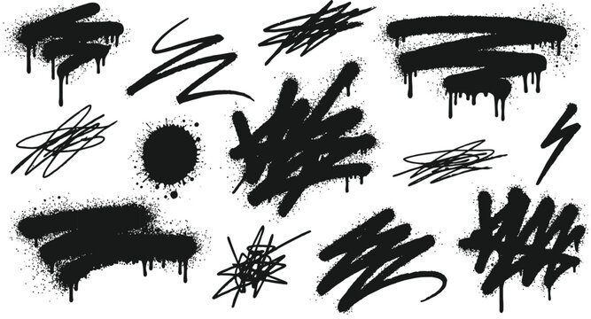 Black spray paint graffiti strokes and splatters on white background with dripping effects