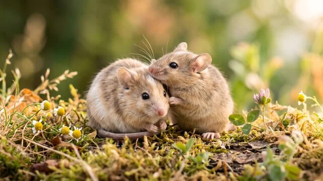 two fancy mouse close up in english countryside morning light video
