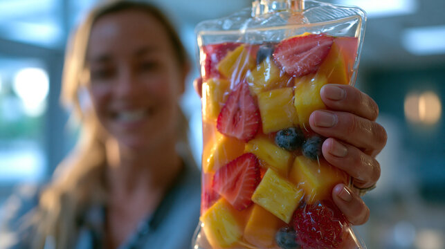 Person holding plastic pouch filled with fresh sliced fruit salad mix, colorful