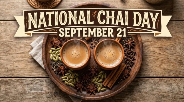 National Chai Day celebration concept. Two cups of masala tea with spices on wooden table.