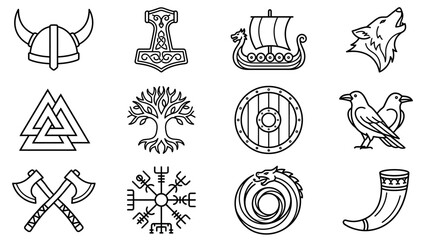 Obraz premium Viking Symbols Icons Set: Norse Mythology, Warrior, Nordic Culture