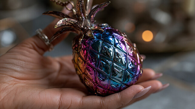Human hand holding a decorative iridescent metallic pineapple object close
