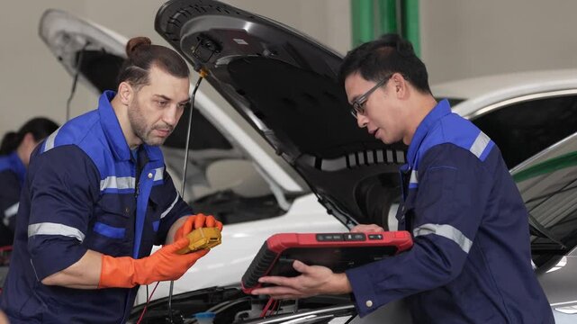 Mechanic car engine diagnostic garage tool technician repair shop vehicle service maintenance worker examine hood open system check