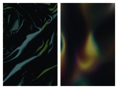 Abstract halftone background with flowing liquid shapes and vibrant gradient light effects, digital art texture with dot pattern and neon colors