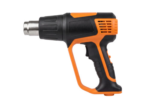 Orange and black heat gun tool with metallic nozzle on transparent background