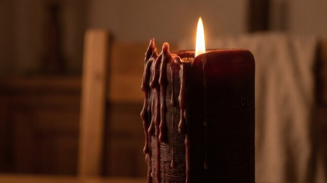 Close-up of a burgundy candle with naturally melted dripping wax and a warm glowing flame, creating a cozy and atmospheric scene suitable for Halloween.