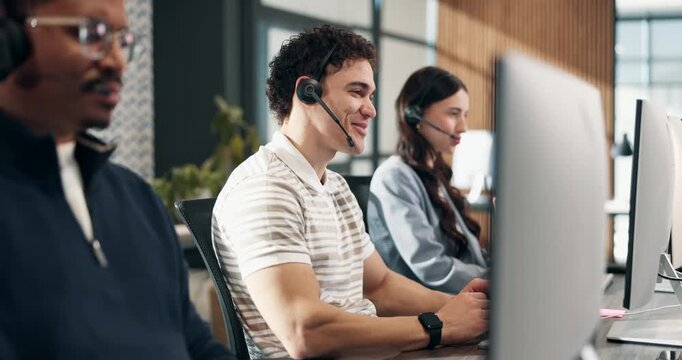 Call center, computer and happy man at help desk for technical support, network feedback or typing. Headset, tech and consultant talk to client for internet connection, customer service or coworking