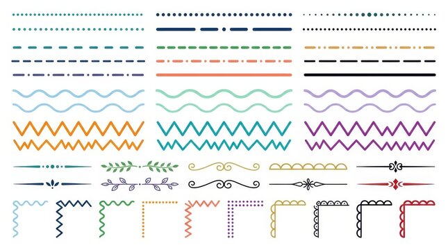 Set of colorful decorative dividers and borders. Hand drawn line elements for page design.