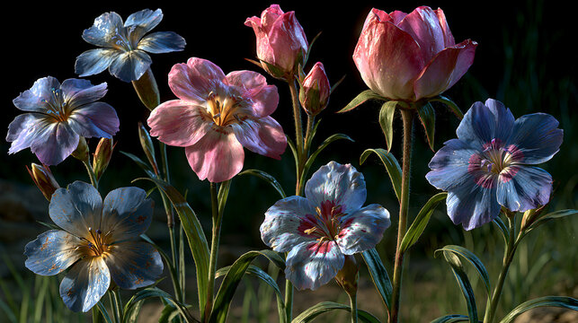 Colorful wildflowers blooming in a dark natural meadow garden setting