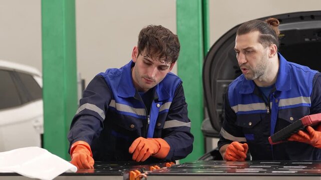 Automotive mechanic workshop technician using diagnostic tablet for battery car inspection repair garage with uniform gloves engine tool