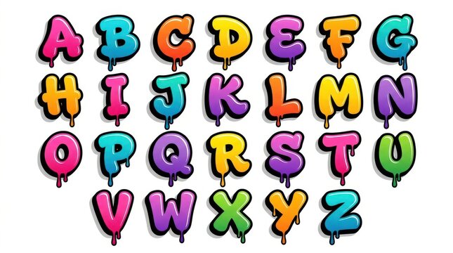 Colorful graffiti alphabet letters. Vibrant bubble font with dripping paint effect.