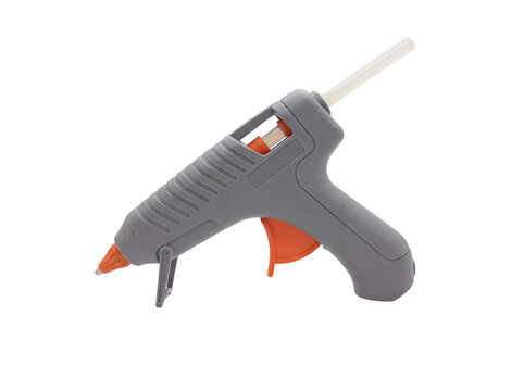 Gray and orange hot glue gun with a white stick on transparent background