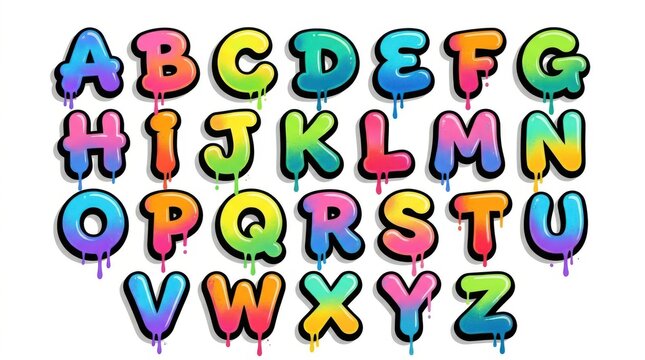 Colorful graffiti alphabet letters. Vibrant bubble font with dripping paint effect.