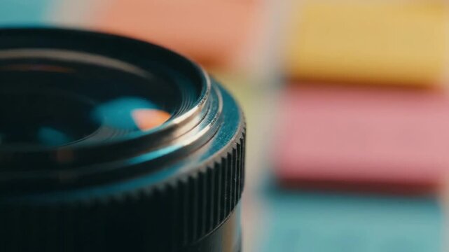 Close-up Focus on Camera Lens with Colorful Sticky Notes in the Background, Showcasing the Interplay of Photography Gear and Creative Organization Techniques