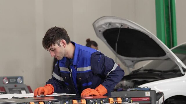 Mechanic Car Garage Repair Maintenance Engine Worker Glove Inspecting Vehicle Engine During Auto Service Workshop Repair Check