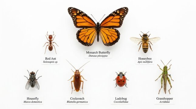 Collection of various insects on white background. Educational chart showing different bugs.