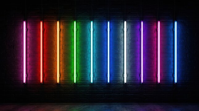 Vertical neon light tubes on dark wall. Colorful glowing LED lamps in a rainbow spectrum.