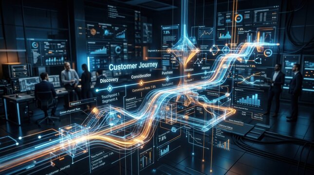 Customer Journey Data Hologram Analytics in Tech Office
