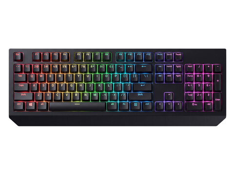Computer keyboard with illuminated keys and black frame on transparent background gaming