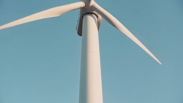 Sleek white wind turbine tower section against a blue sky for corporate ESG reports, renewable energy presentations, and sustainability websites.