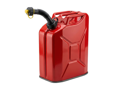 Red gasoline jerrycan isolated on white. Metal fuel container for emergency storage.