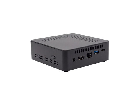Small form factor computer with ports and ventilation on transparent background mini