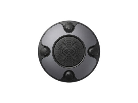 Circular loudspeaker with perforated grill and four smaller drivers on transparent background
