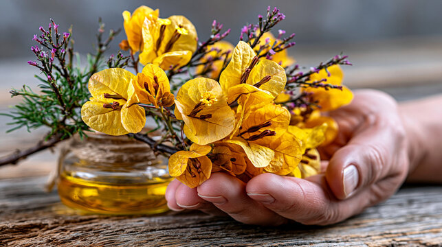Hand holding fresh yellow flowers next to glass bottle of essential oil