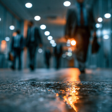 Blurred people walking in modern office hallway at night with after hours