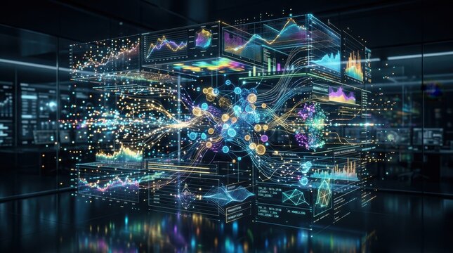 Futuristic Neon Data Visualization Holographic Cube Display with Glowing Network Nodes