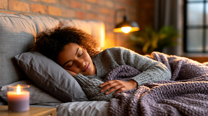 Obraz premium Woman sleeping peacefully in a warm and cozy bedroom at home with sleeping