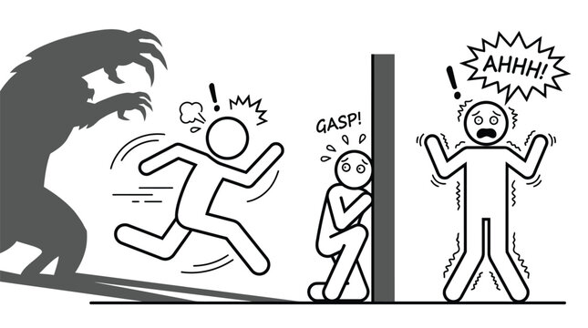 Stick Figure Characters Experiencing Fear Panic and Running from Monster