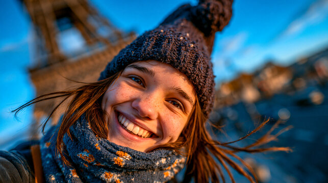 Cheerful woman taking a selfie with wool hat near famous iron landmark